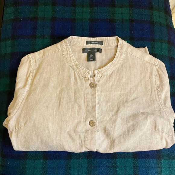 TAHARI Button Up Blouse Womens Medium Khaki 100% Linen - Lagenlook Pockets ▪️ - Picture 4 of 5